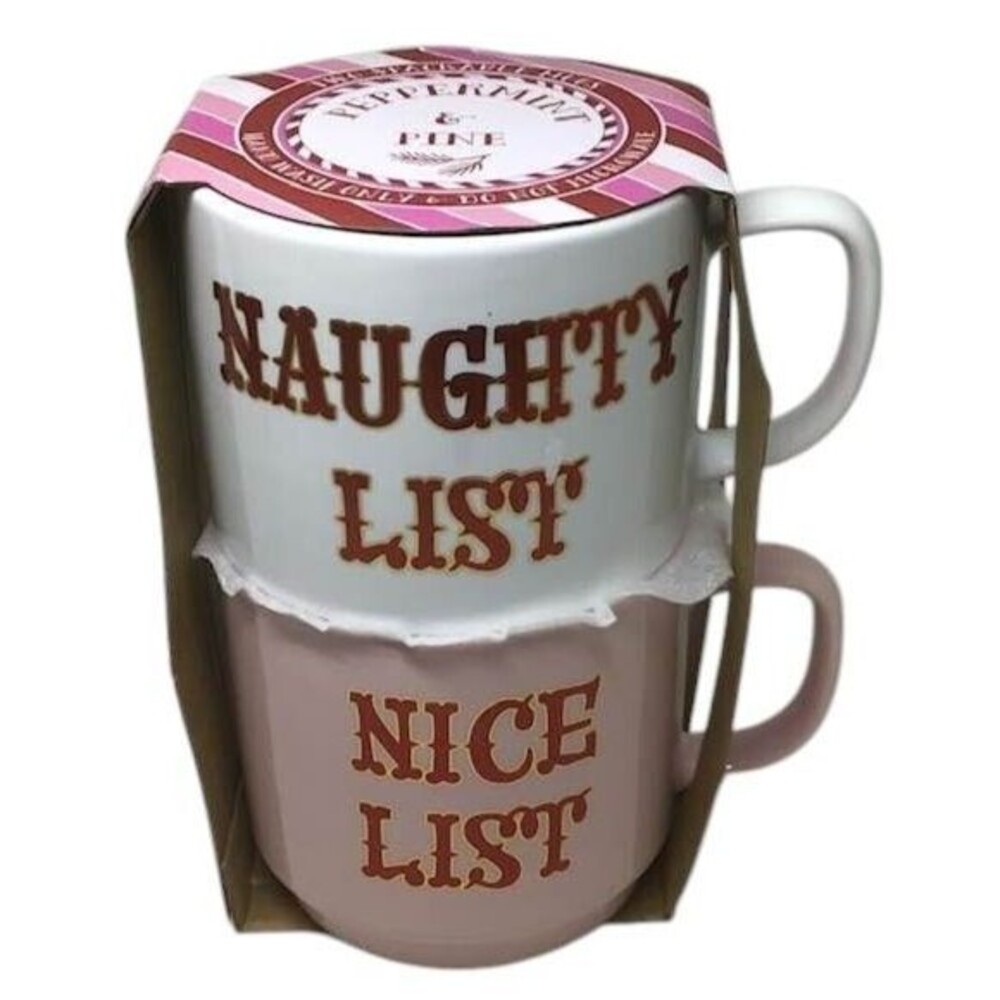 Peppermint & Pine Nice Naughty List Coffee Tea Mugs Stackable Pink White Red NEW